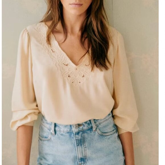BEST Sezane Juliette Blouse Top - Beige Cream Ecru French Silk - Picture 1 of 10